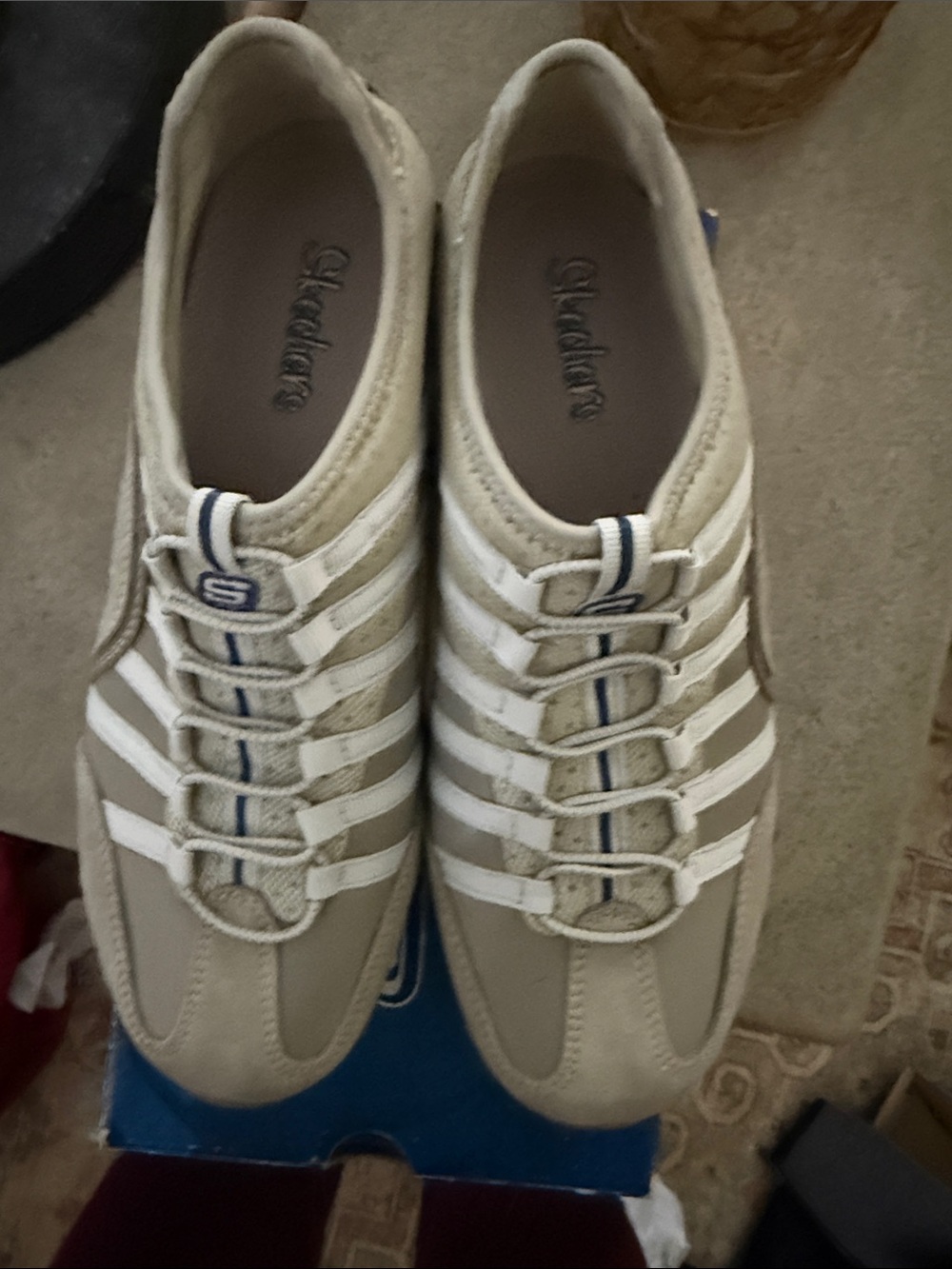 Skechers Men’s Beige and White Lace-Style Slip-On Sneakers